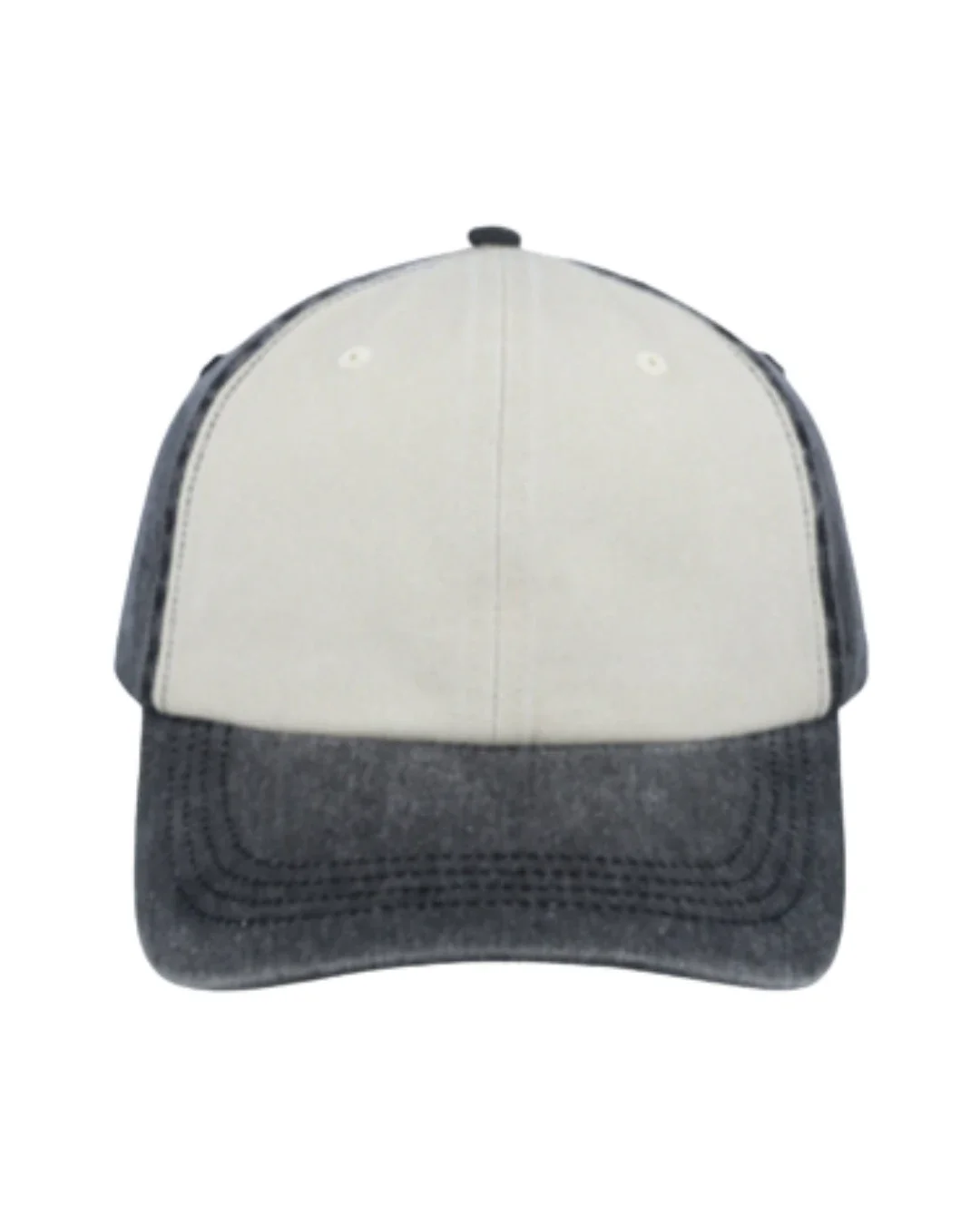 A front view of a structured six-panel promotional baseball cap featuring a contrast cream front panel with a washed charcoal grey peak, back panels, and top button.