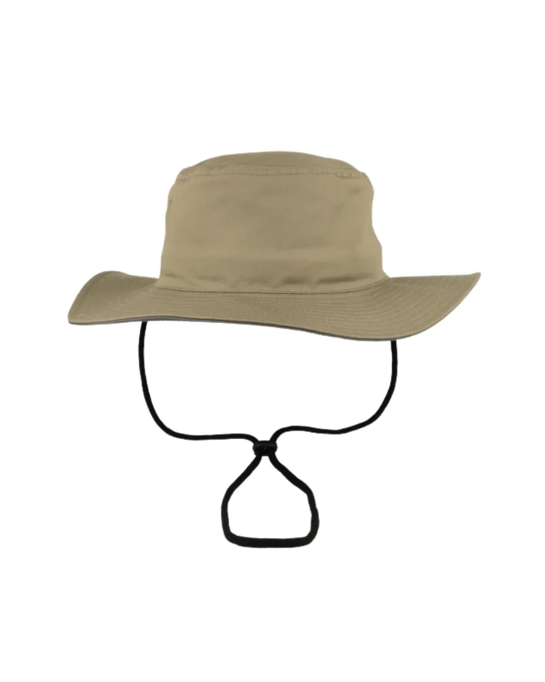 Beige canvas bush hat featuring a wide brim and adjustable black chin toggle cord, ideal for custom branded safari merch by Soli in Cape Town.