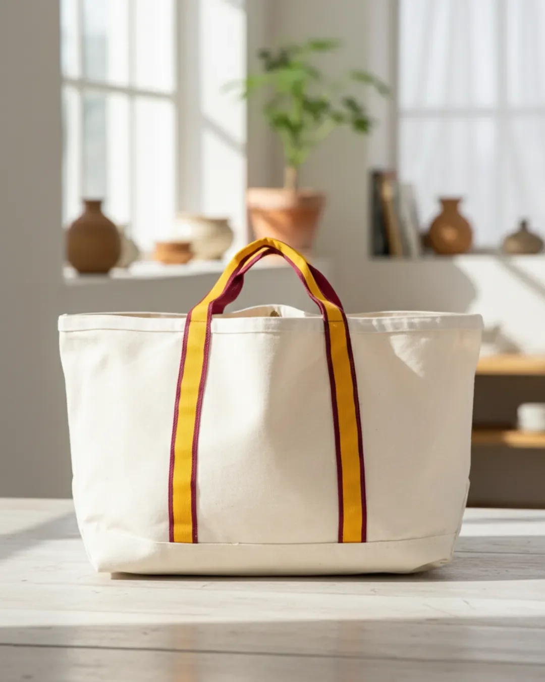 Professional studio shot of the Oxford XL, a large cream-colored heavy-duty canvas tote bag featuring yellow and maroon vertical straps, handmade in Cape Town for sustainable corporate gifting, merchandise and amenities.