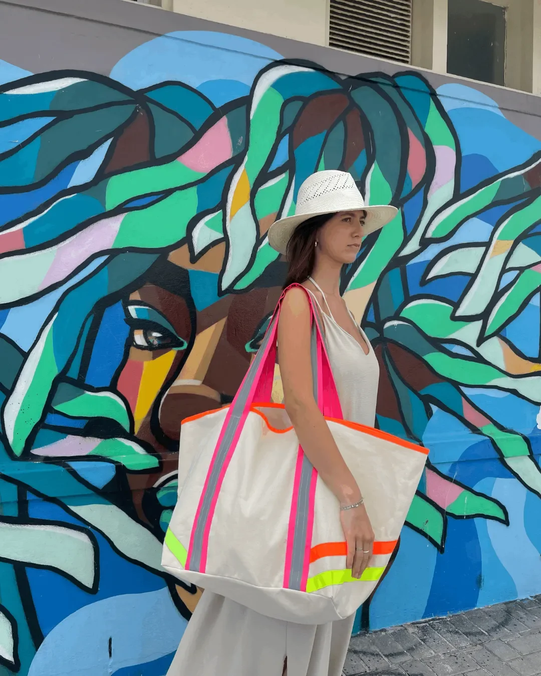 Extra-large Neon Summer carry-all bag handmade from heavy 510gsm natural cotton canvas with pink and lime green neon binding, crafted by local artisans in Cape Town.