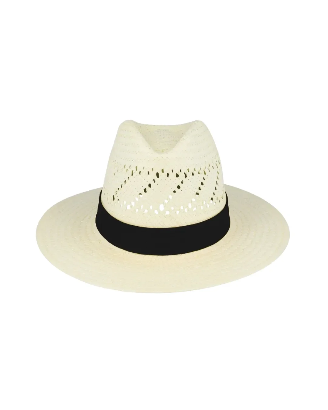 A white woven straw safari hat featuring a breathable perforated crown and a black band, ideal for high-end branded outdoor merchandise in South Africa.

