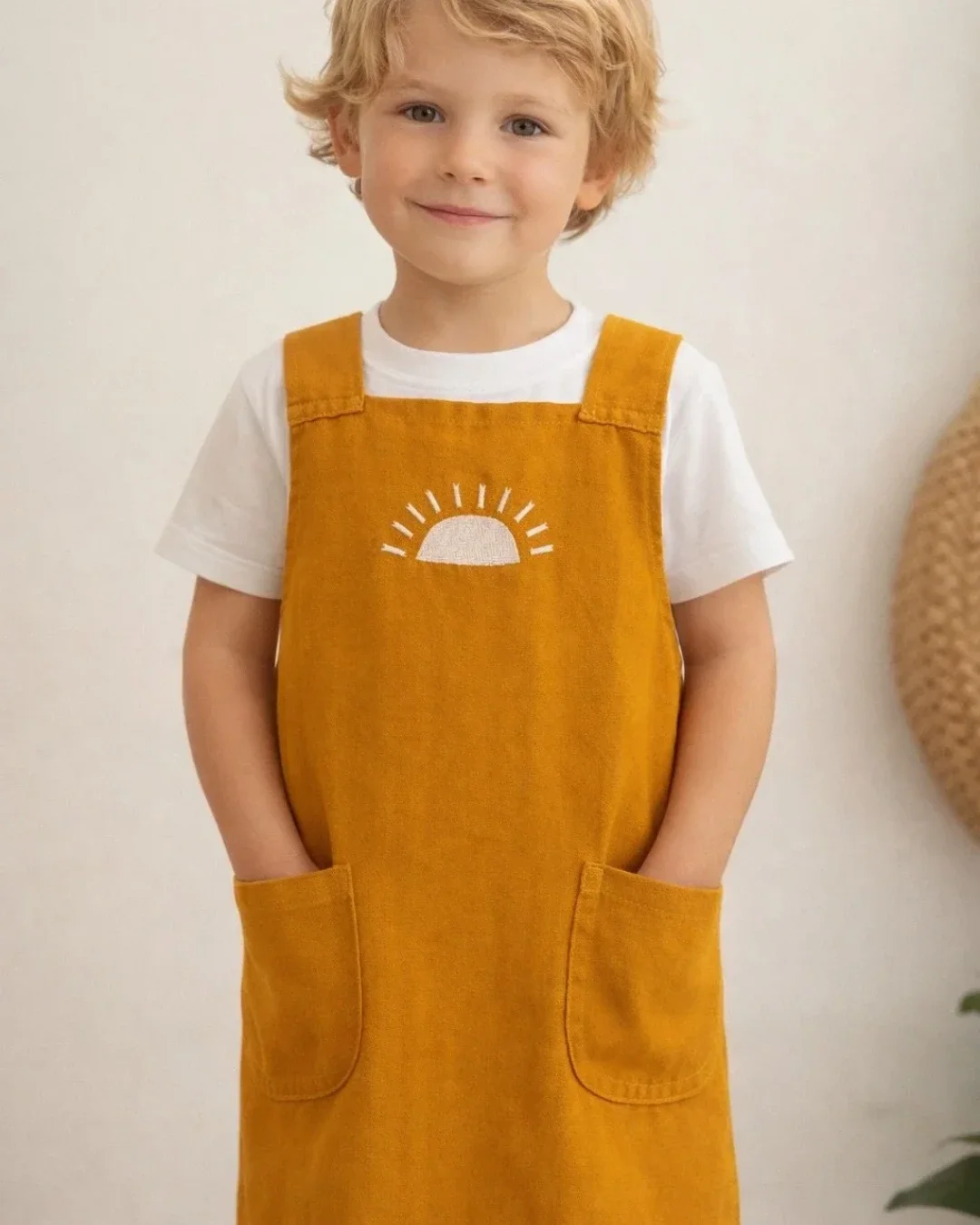 A young child wearing a custom mustard yellow kiddies apron with a white embroidered sun logo, handmade in Cape Town for sustainable hotel amenities and kids' activities.