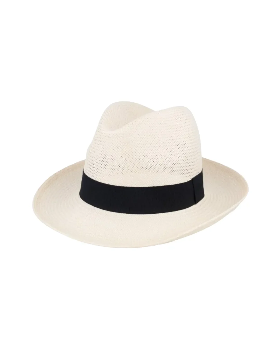 A white woven straw Panama-style hat with a classic black ribbon band, perfect for custom branded corporate gifts and sustainable merchandise by Soli in Cape Town