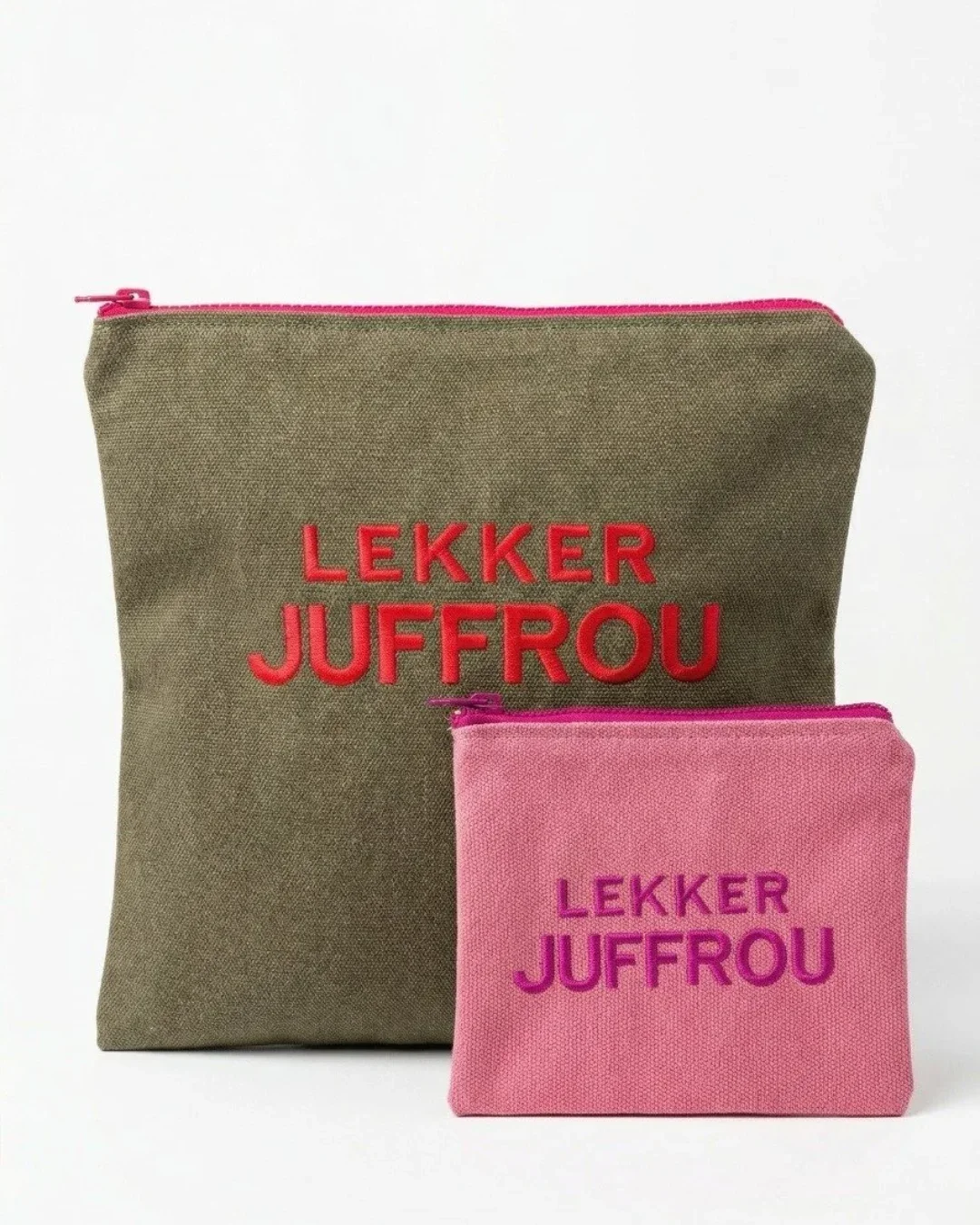 Olive and pink cotton canvas pouches with Lekker Juffrou embroidery, handmade by Soli in Cape Town for sustainable merchandise or corporate gifts.