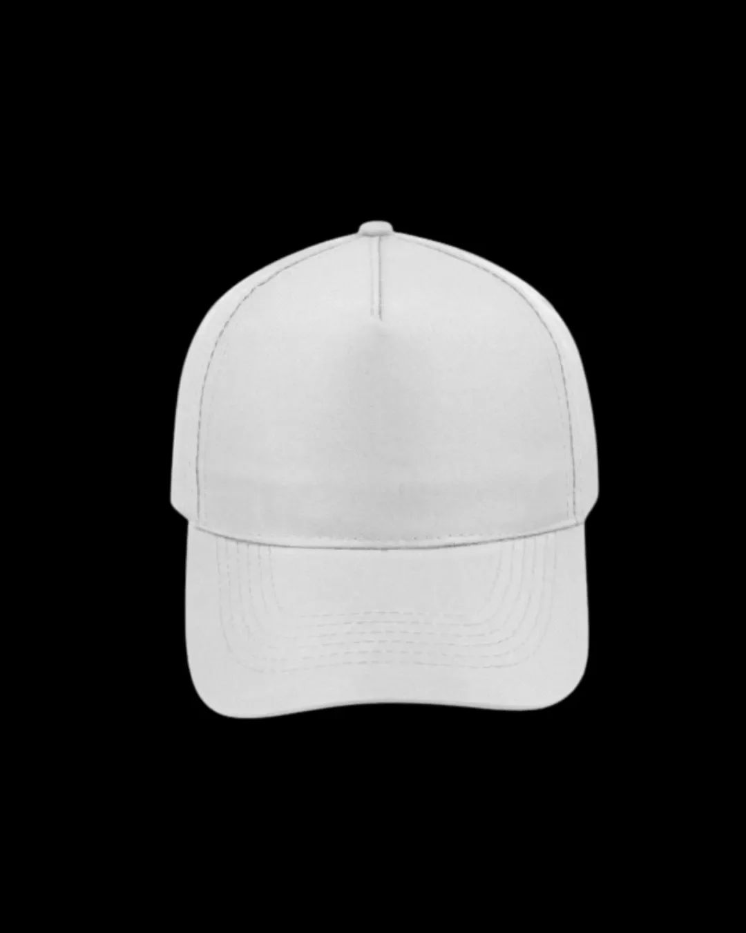 Blank white promotional cap on a clean black background, ready to be custom branded with company logos for corporate gifts and events by Soli.