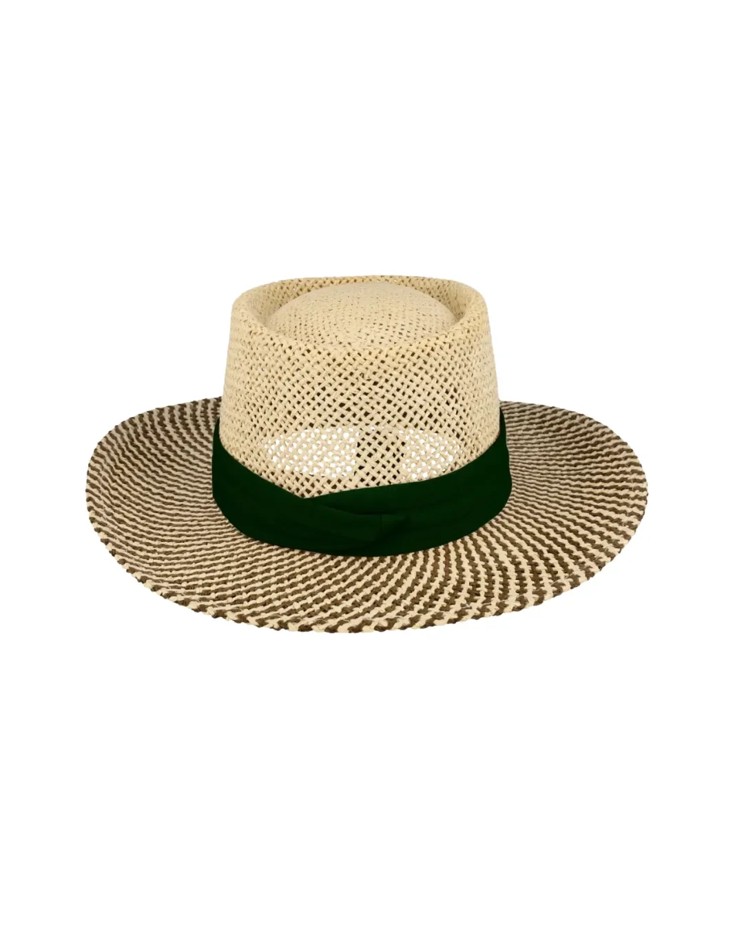 A stylish two-tone woven straw hat with a flat crown and wide brim, featuring a black band ready for custom logo embroidery for premium corporate gifting.
