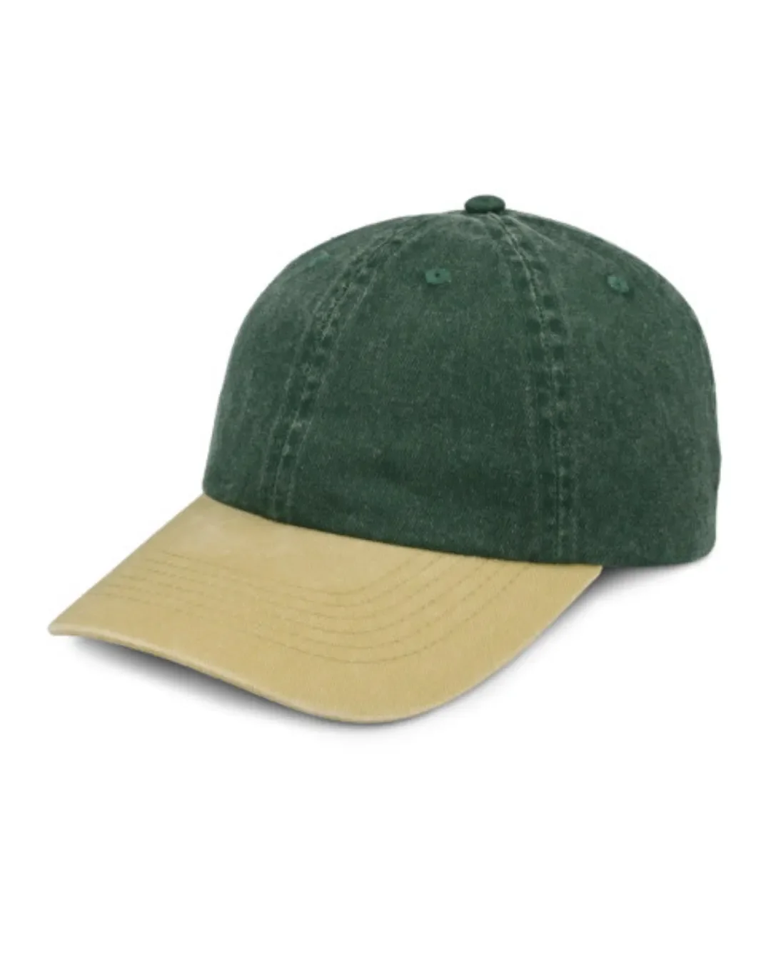 Vintage-style bi-color corporate cap featuring a washed bottle green six-panel crown with embroidered eyelets and a contrasting light brown beige curved brim against a white background.
