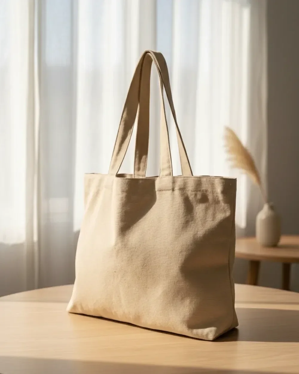 A plain cream canvas tote bag standing on a wooden table in a brightly lit room with soft curtains, serving as a blank template for custom branded corporate gifts and promotional merchandise.