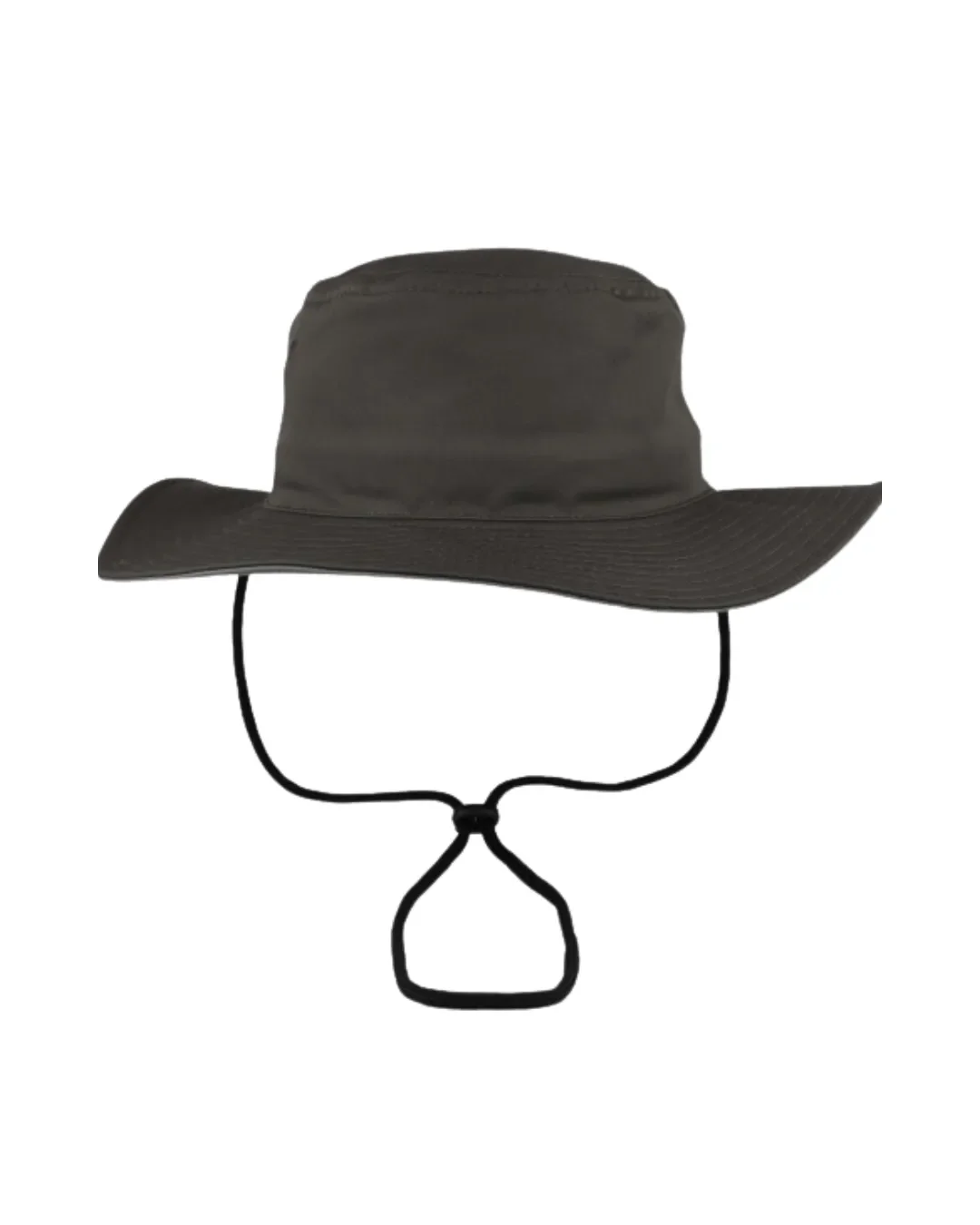 Charcoal grey outdoor bush hat with a wide sun-protective brim and black chin strap, perfect for custom branded safari and adventure merchandise by Soli in Cape Town.