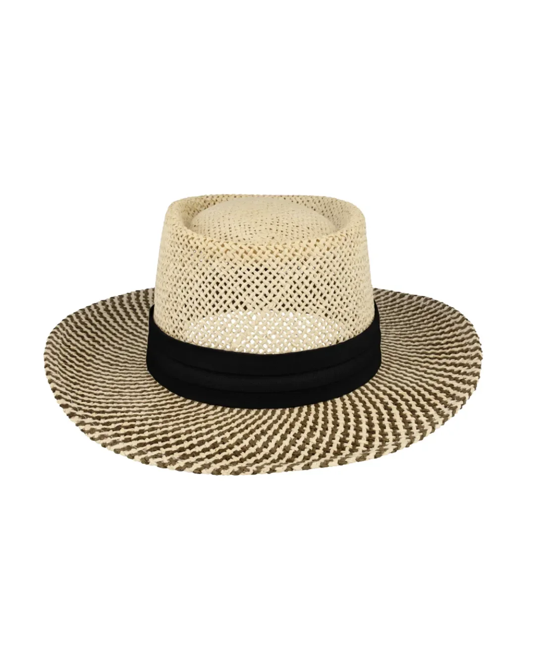 A stylish two-tone woven straw hat with a flat crown and wide brim, featuring a black band ready for custom logo embroidery for premium corporate gifting.