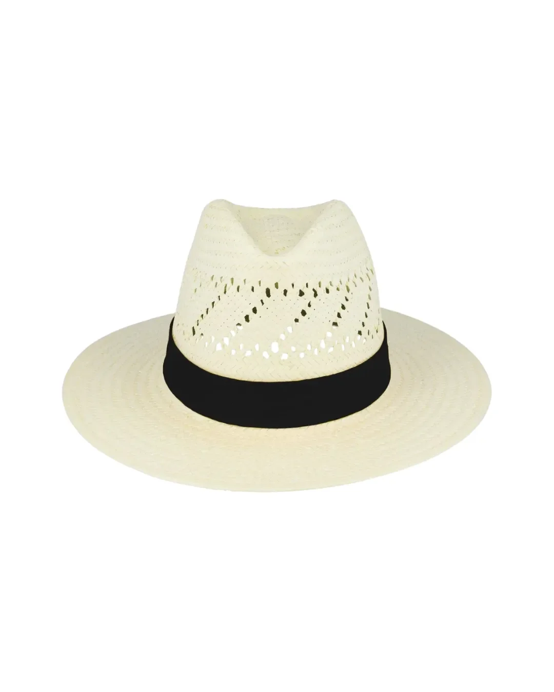 A white woven straw safari hat featuring a breathable perforated crown and a black band, ideal for high-end branded outdoor merchandise in South Africa.