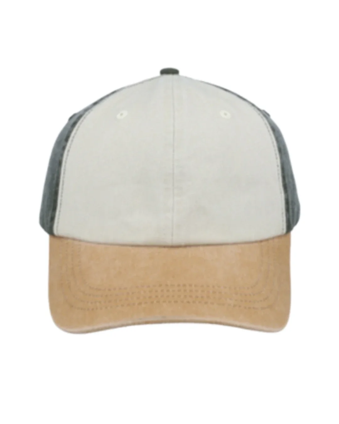 A front view of a structured, duo-tone baseball cap featuring a cream-colored front panel, dark grey or olive side panels, and a contrasting light brown, faux-suede or brushed cotton visor with visible rows of stitching.