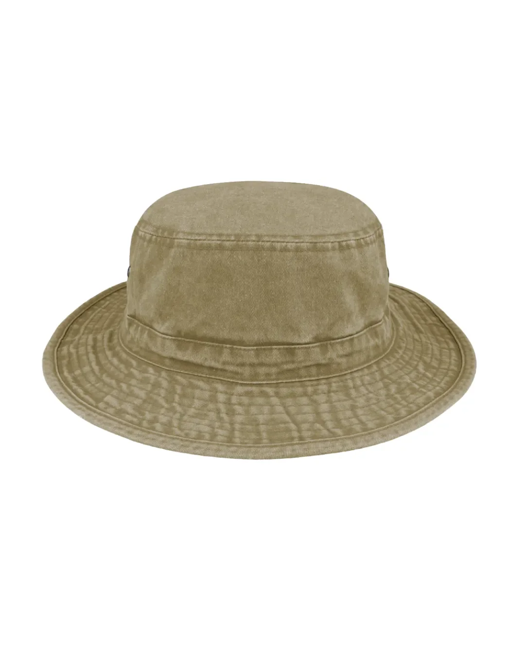 A classic olive green washed cotton bucket hat, offering a durable and sustainable option for custom branded sportswear and outdoor merchandise.
