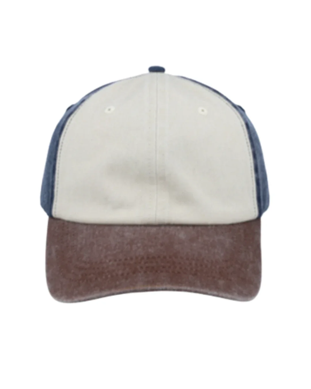 A front view of a structured 6-panel promotional baseball cap featuring a distinctive tri-color design: a cream-colored front panel, faded navy blue side and back panels, and a textured, washed brown curved peak.