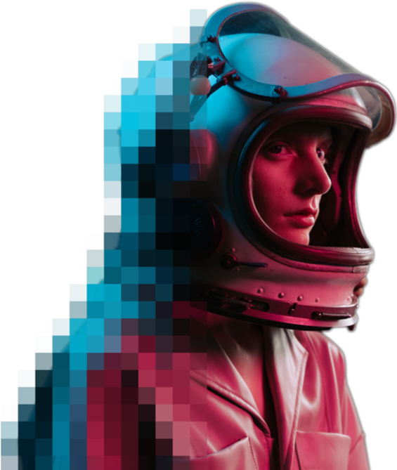 A woman in a helmet with a clear visor, wearing a pink jacket, with a digitally pixelated left side against a black background.