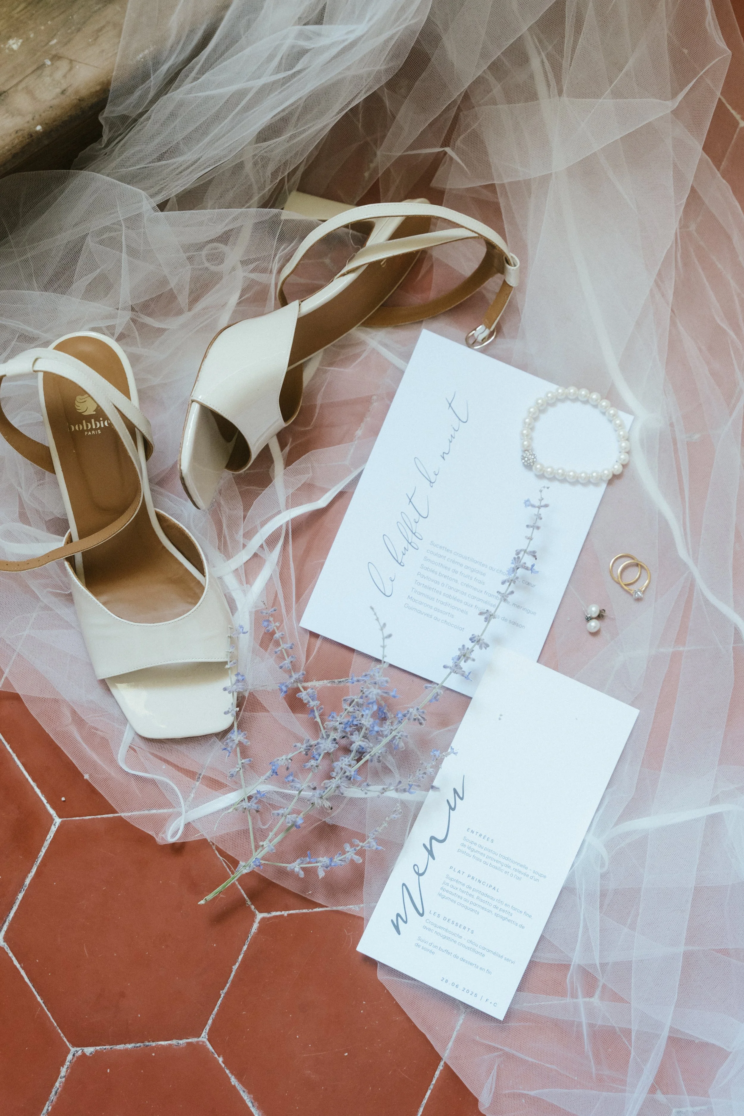 Wedding day details with veil and bridal shoes from a Provence wedding