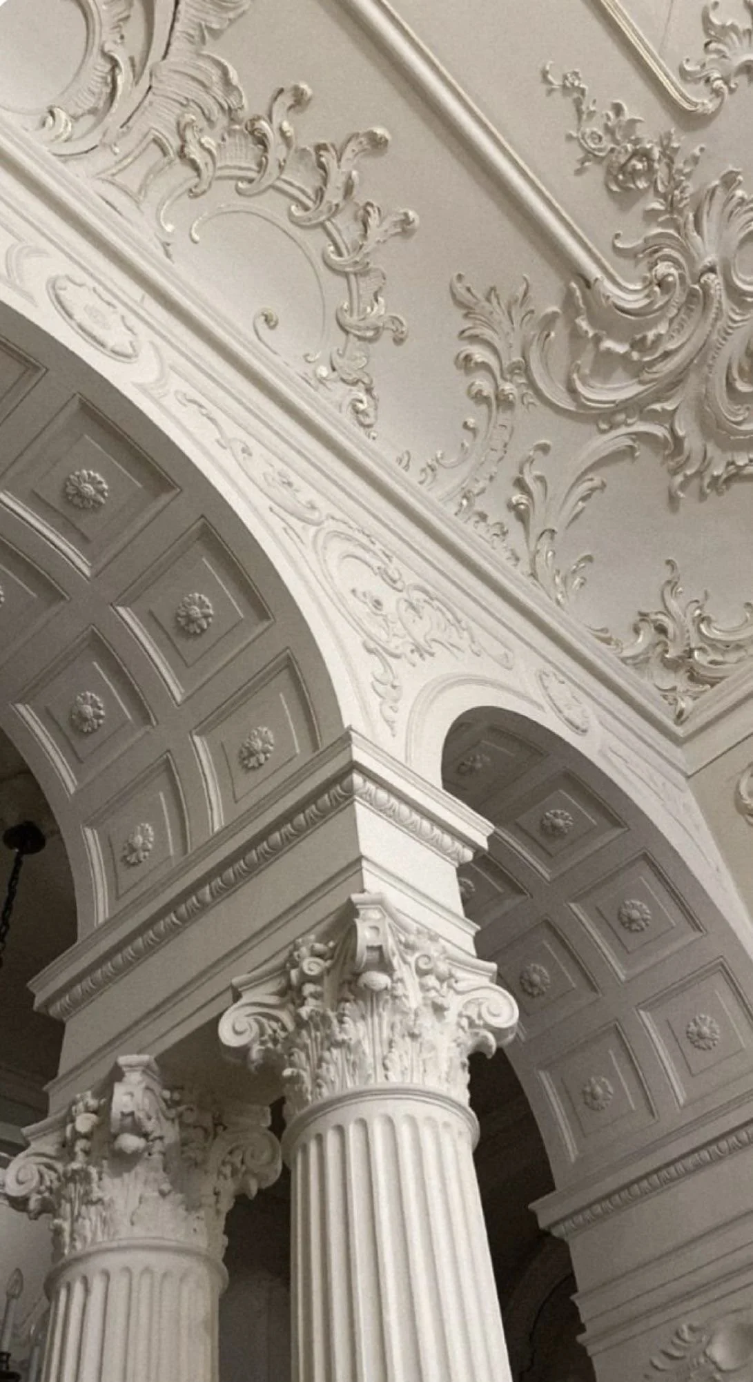Columnas con capiteles jónicos y techos decorados con relieves y molduras ornamentales en un interior de estilo clásico.