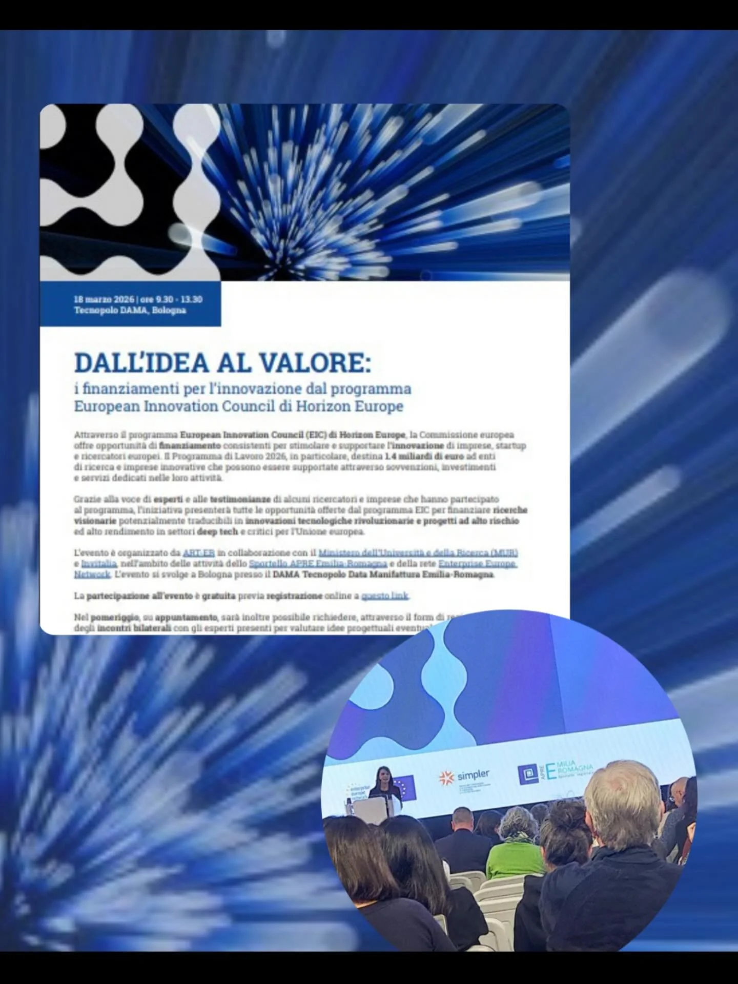 18.03.26 OpenTea era presso DAMA &ndash; Tecnopolo Data Manifattura Emilia-Romagna, per l&rsquo;aggiornamento sui bandi EIC &ndash; European Innovation Council.

#opentea #dama #bologna #eic