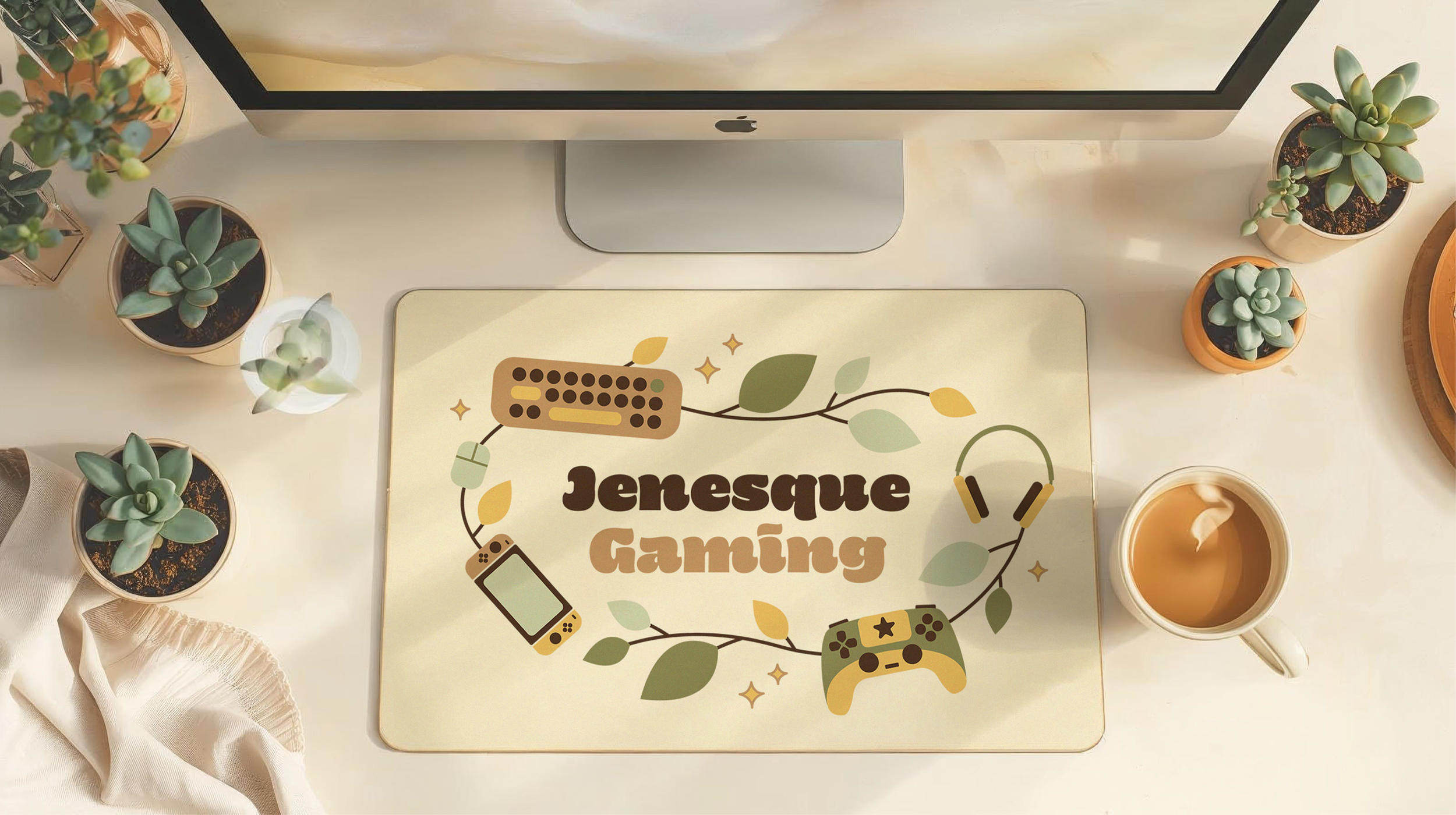 A computer desk with a decorated mouse pad that has the words "Jenesque Gaming" surrounded by gaming controllers, a game console, a headset, and leaves. The desk also has potted succulents, a coffee mug, and an iMac computer.