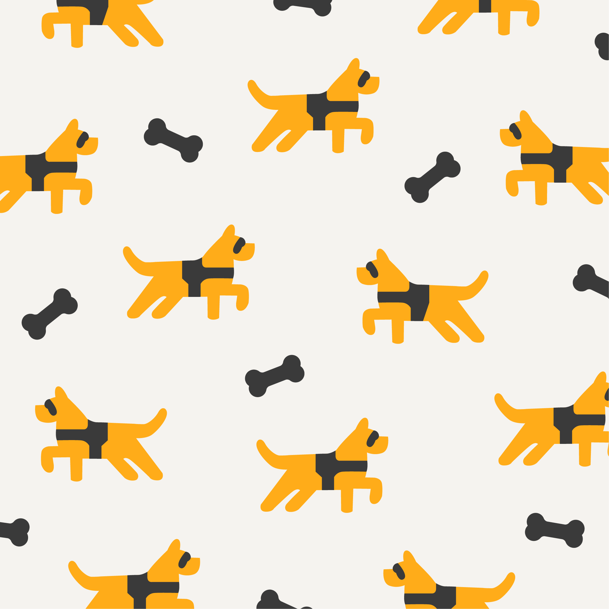 Pattern featuring cartoon yellow dogs with black collars and black shading, along with scattered black dog bones on a light background.
