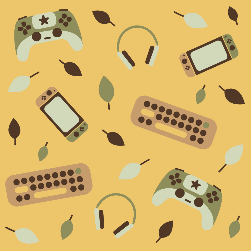 Pattern with gaming controllers, headphones, smartphones, keyboards, and leaves on a yellow background.