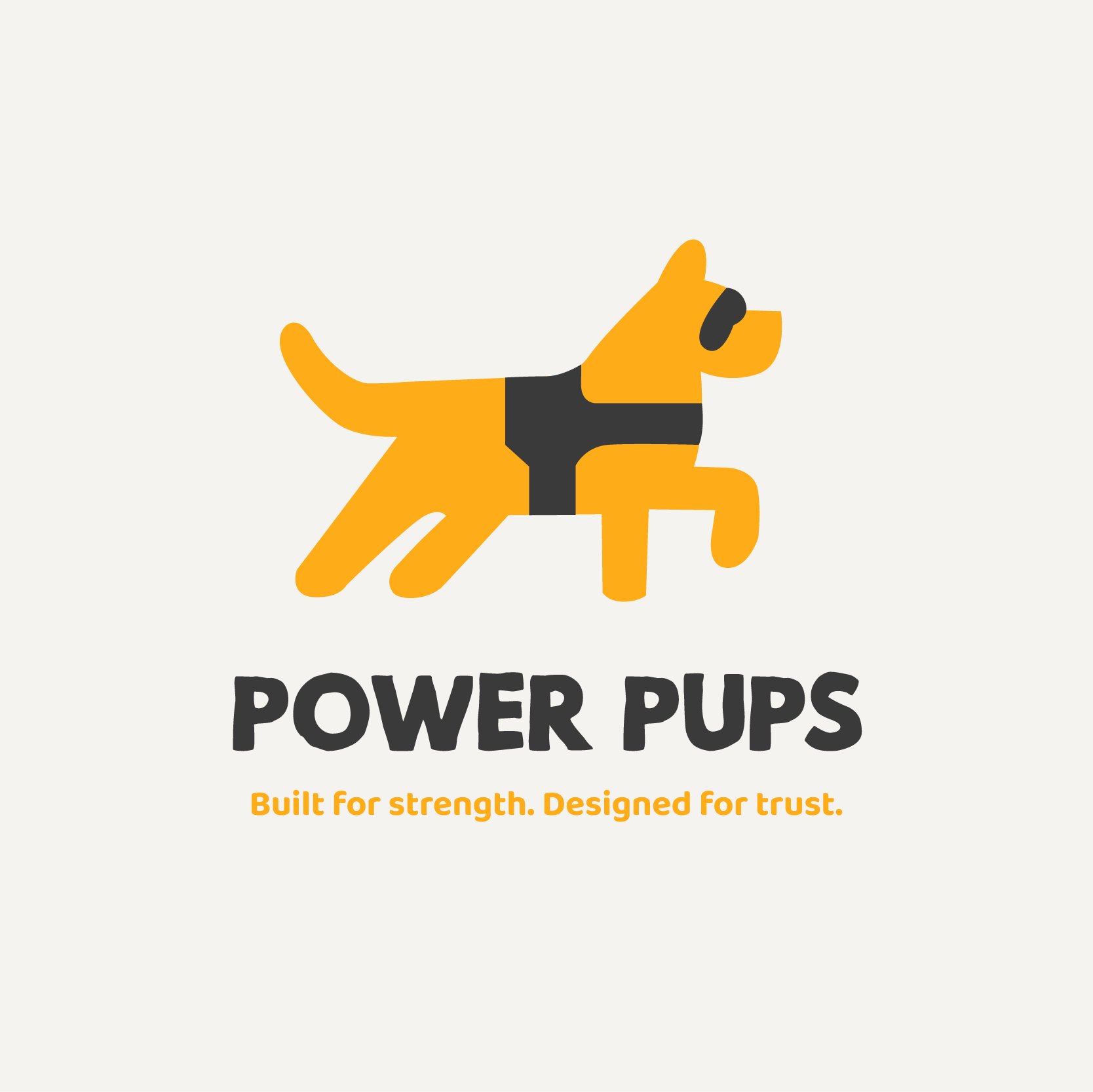 Logo for Power Pups featuring a stylized orange dog with black collar and black face mask, with slogan 'Built for strength. Designed for trust.'