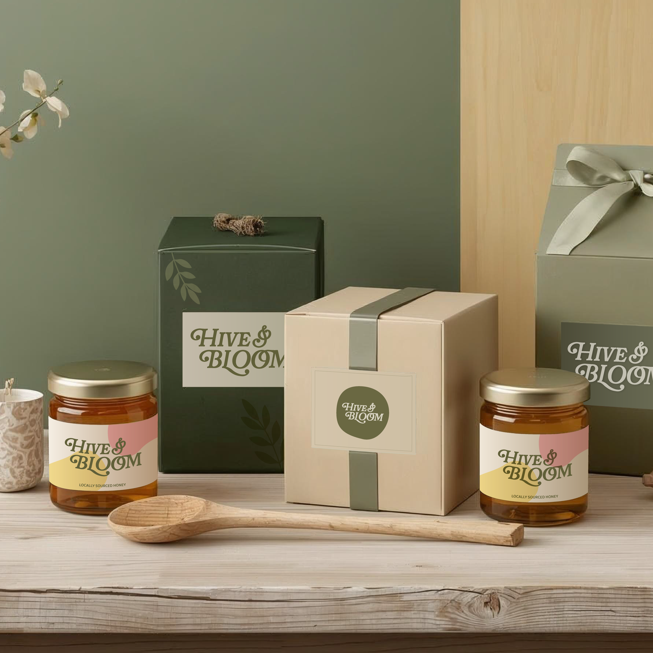 Showcasing honey products labeled 'Hive & Bloom' on a wooden surface with a small ceramic pot, a wooden spoon, and gift boxes in the background.