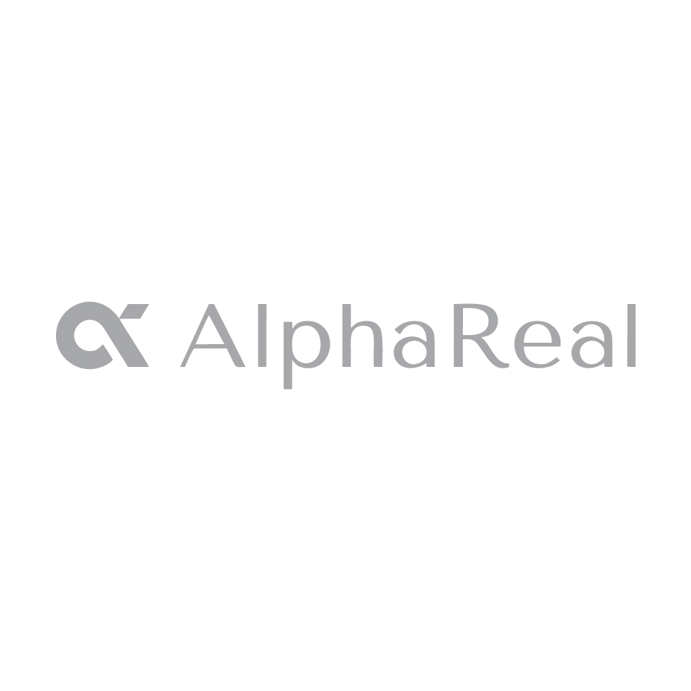AlphaReal logo with stylized gray symbol and text