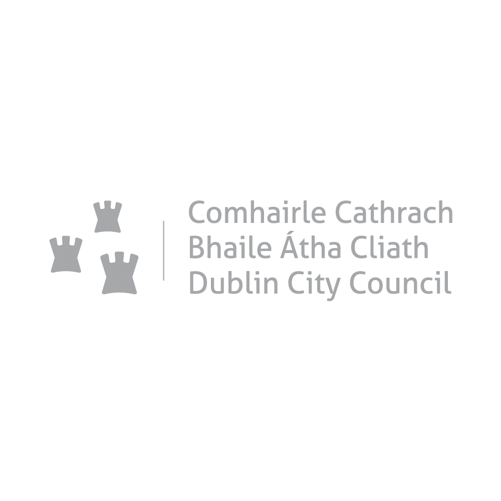 Logo of Dublin City Council with three castle turrets icon and bilingual text in Irish and English.