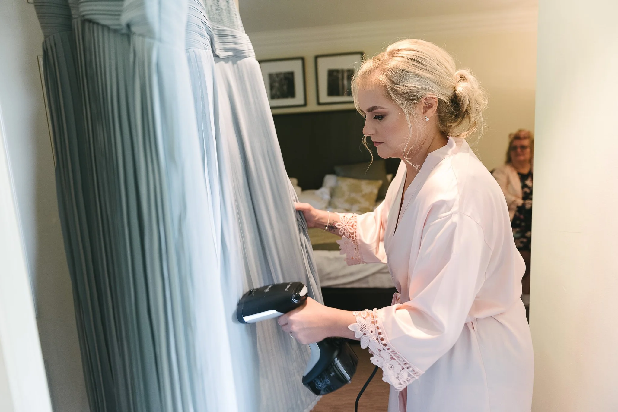 Steaming the bridesmaids dresses