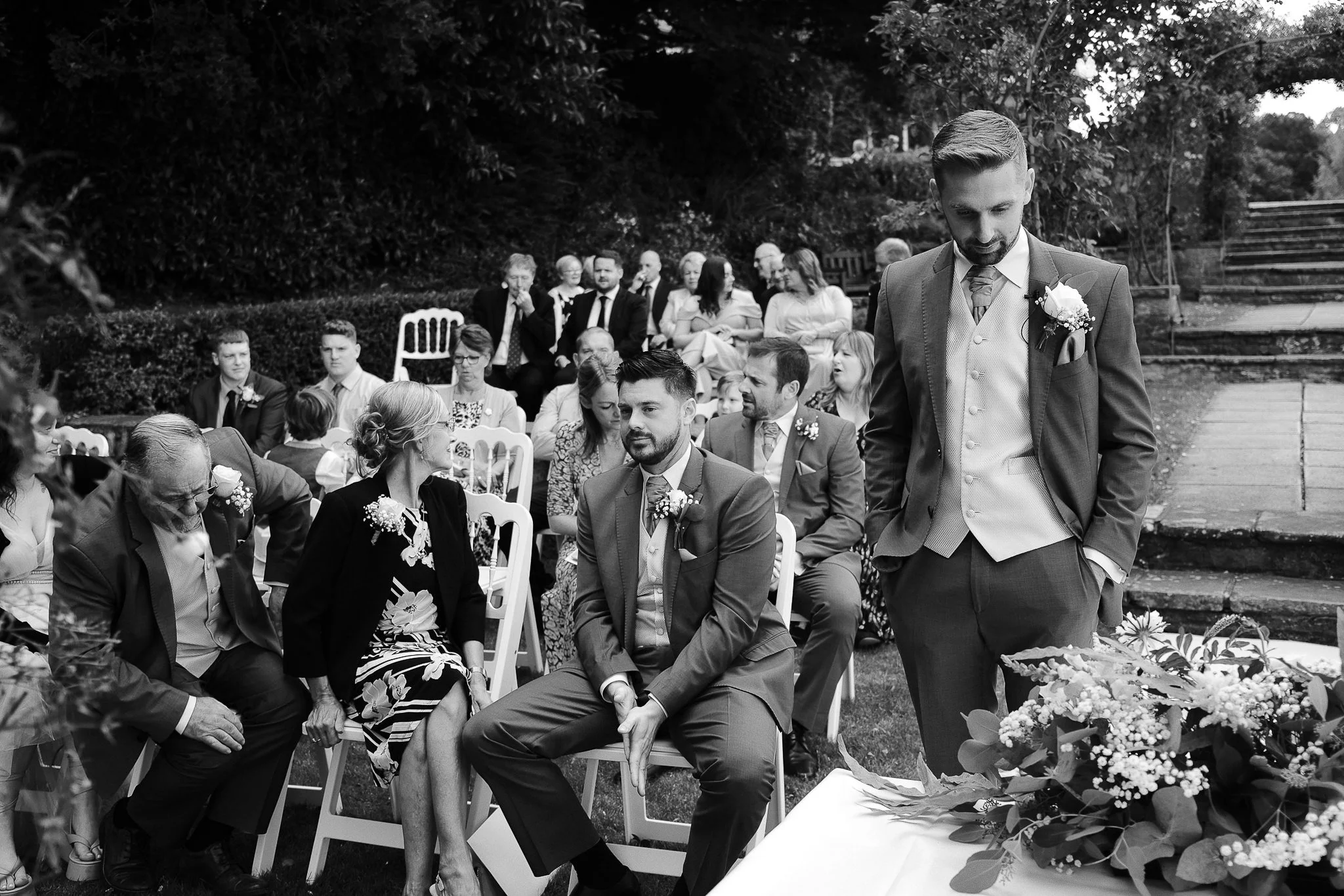 Nervous groom waiting at the ceremony at Wood Hall North Yorkshire