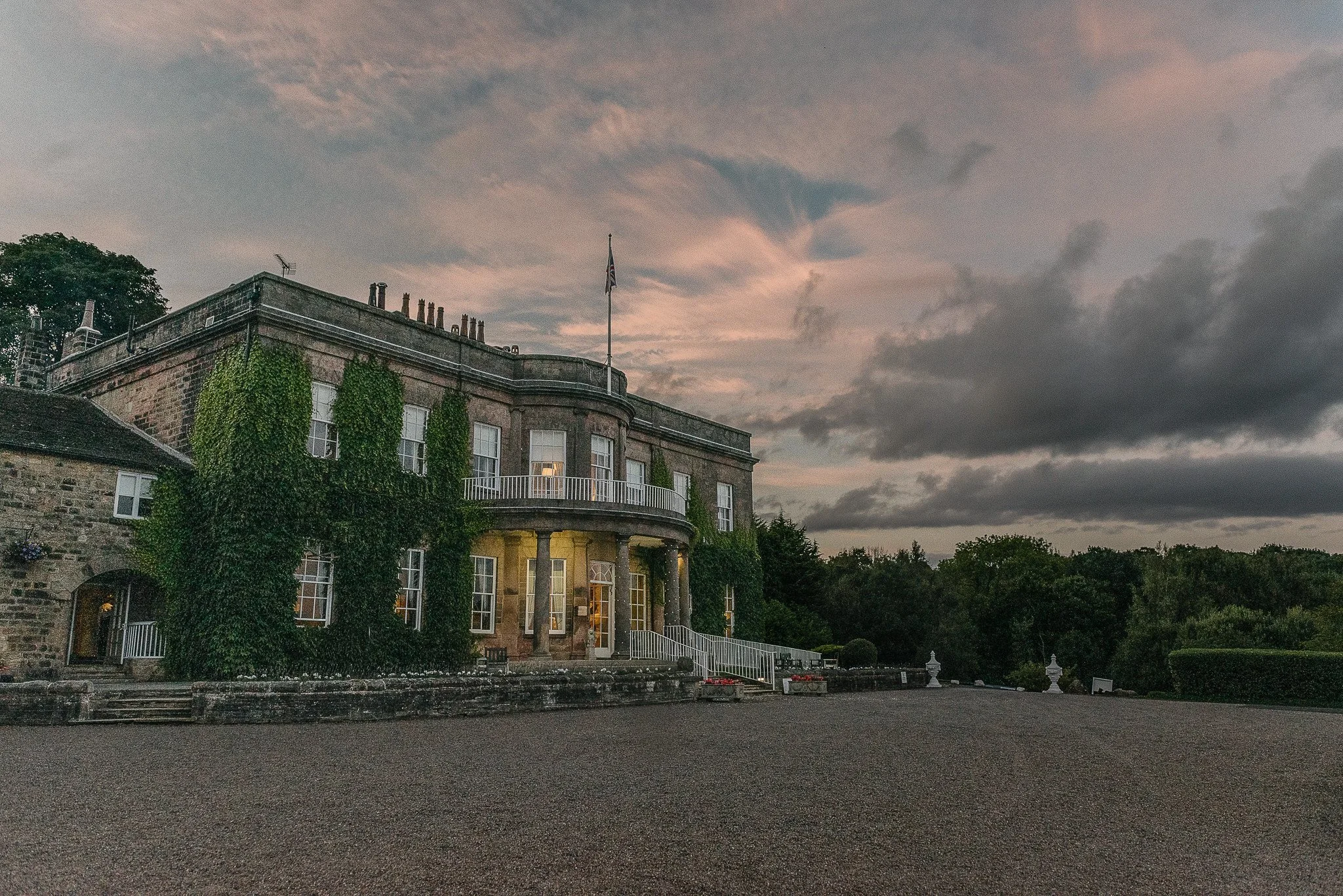 Wood Hall Wedding Venue at night 