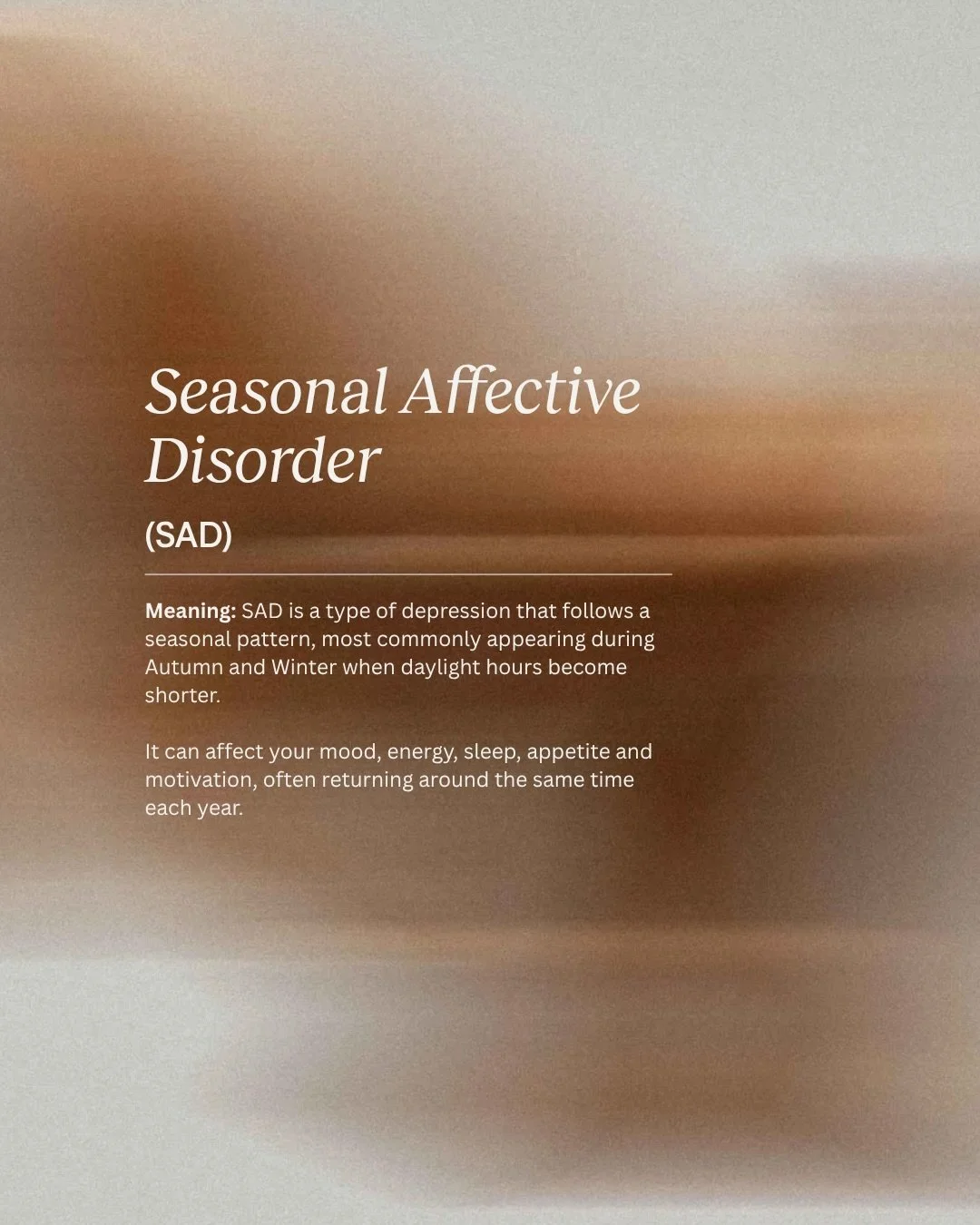 If you notice your mood changing as the seasons do, don&rsquo;t brush it off as &lsquo;just winter&rsquo; 💛

Seasonal Affective Disorder (SAD) is a form of depression linked to seasonal changes, affecting mood, energy, sleep and motivation. While li