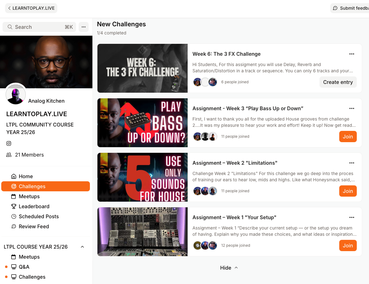 Screenshot of the LearnToPlay.Live online global community course platform with weekly challenges and assignments.
