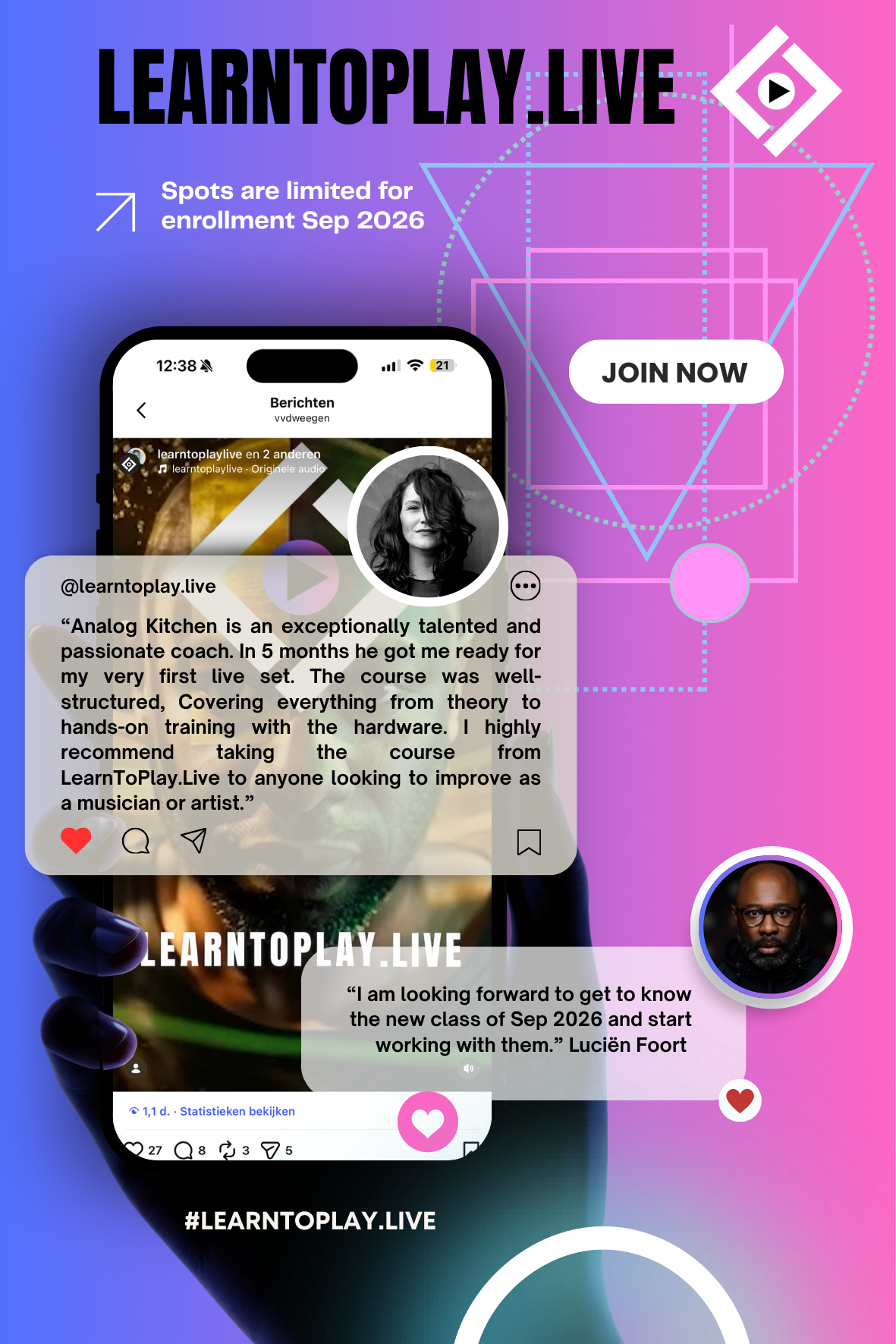 Promotional graphic for LearnToPlay.Live, highlighting enrollment for September 2026, featuring social media testimonials, a join now button, and a colorful, geometric background.