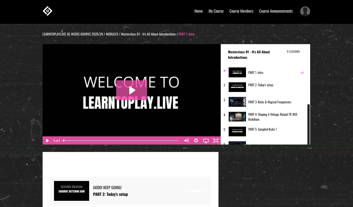 Screenshot of an online music production course webpage titled LEARNTOPLAY.LIVE, with a video player and a list of course modules on the right side.