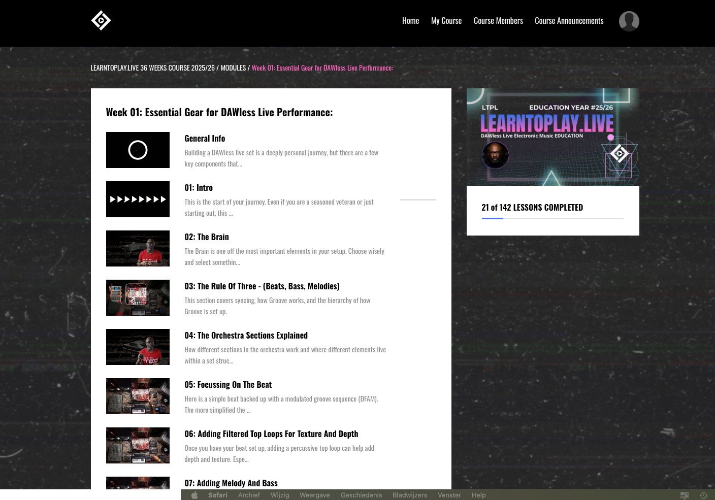 Screenshot of an online course page titled 'Week 01: Essential Gear for DAWless Live Performance.' It includes sections on intro, the brain, the rule of three, orchestra sections, focusing on the beat, and adding textures, with a progress bar indicating 21 out of 142 lessons completed. The page has a black background with a space-like design, a course logo, and menu options at the top.
