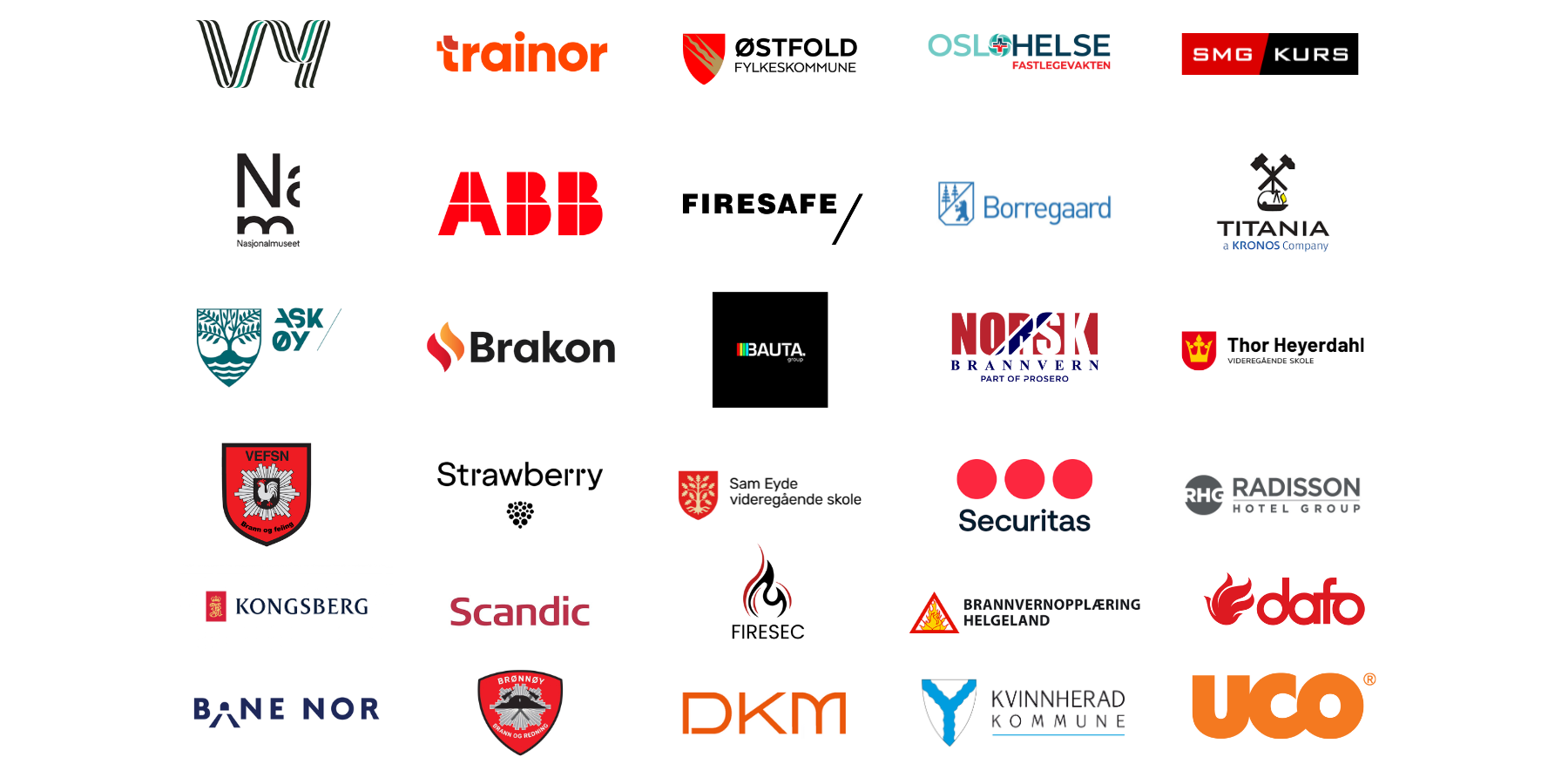 Logoer av ulike norske selskaper og organisasjoner, inkludert Nasjonalmuseet, Borregaard, AF Gruppen, Bane NOR, Kongsberg, DSK, Dalo, og flere.