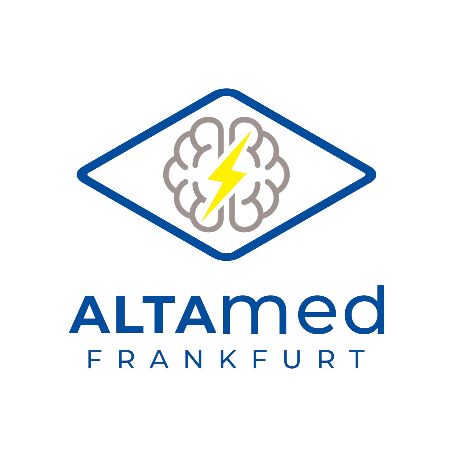 Logo für ALTamed Frankfurt mit einem stilisierten Gehirn und einem Blitz in der Mitte, umgeben von einem blauen Rahmen, und darunter der Text 'ALTamed FRANKFURT'.