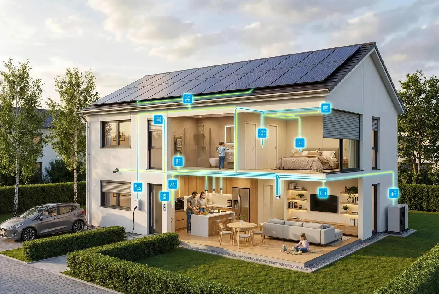Connected smart home demonstrating integrated lighting, climate control, security and energy management.