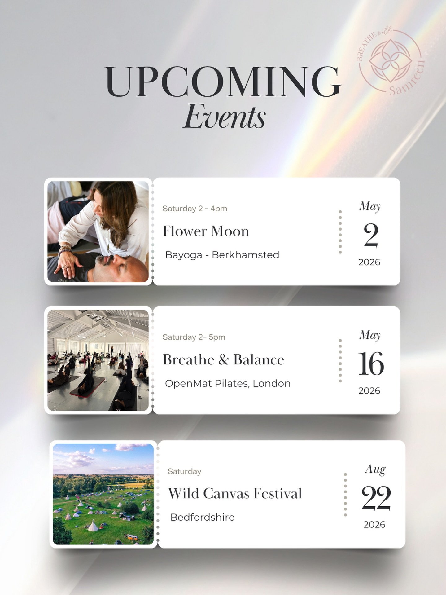 Three events. Three chances to reset. 🤍

Whether you&rsquo;re drawn to the magic of the Flower Moon, the power of Pilates meets breathwork, or a full weekend in nature - there&rsquo;s something here for you.

📍 May 2 &mdash; Flower Moon &middot; Ba