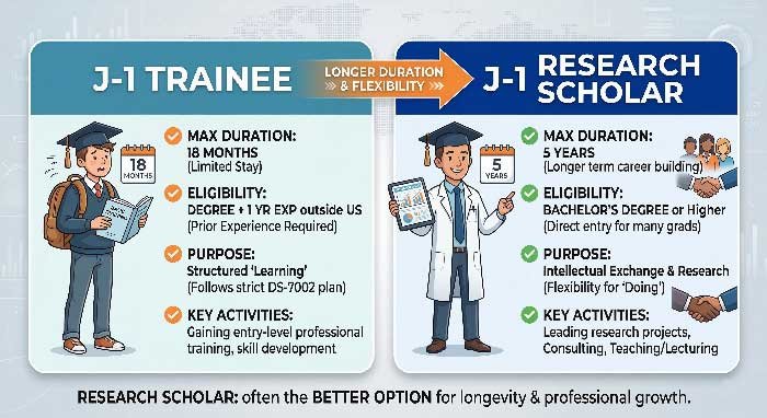Graphic showing J1 researcher vs J1 Trainee