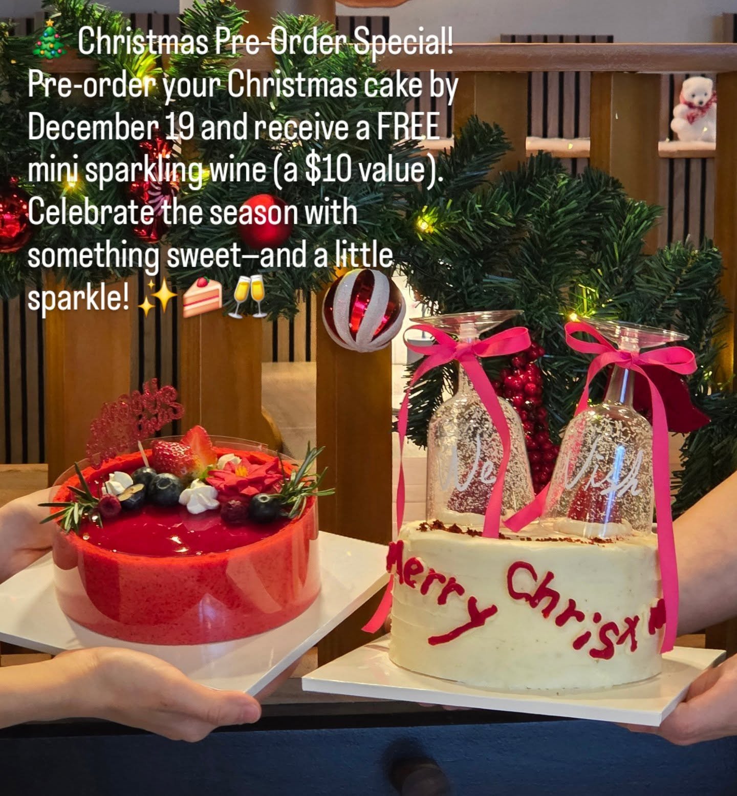 🎄 Christmas Pre-Order Special!
Pre-order your Christmas cake by December 19 and receive a FREE mini sparkling wine (a $10 value).
Celebrate the season with something sweet&mdash;and a little sparkle! ✨🍰🥂
.
.
#BBQ21 #bbq21fairfax #christmascake #ca