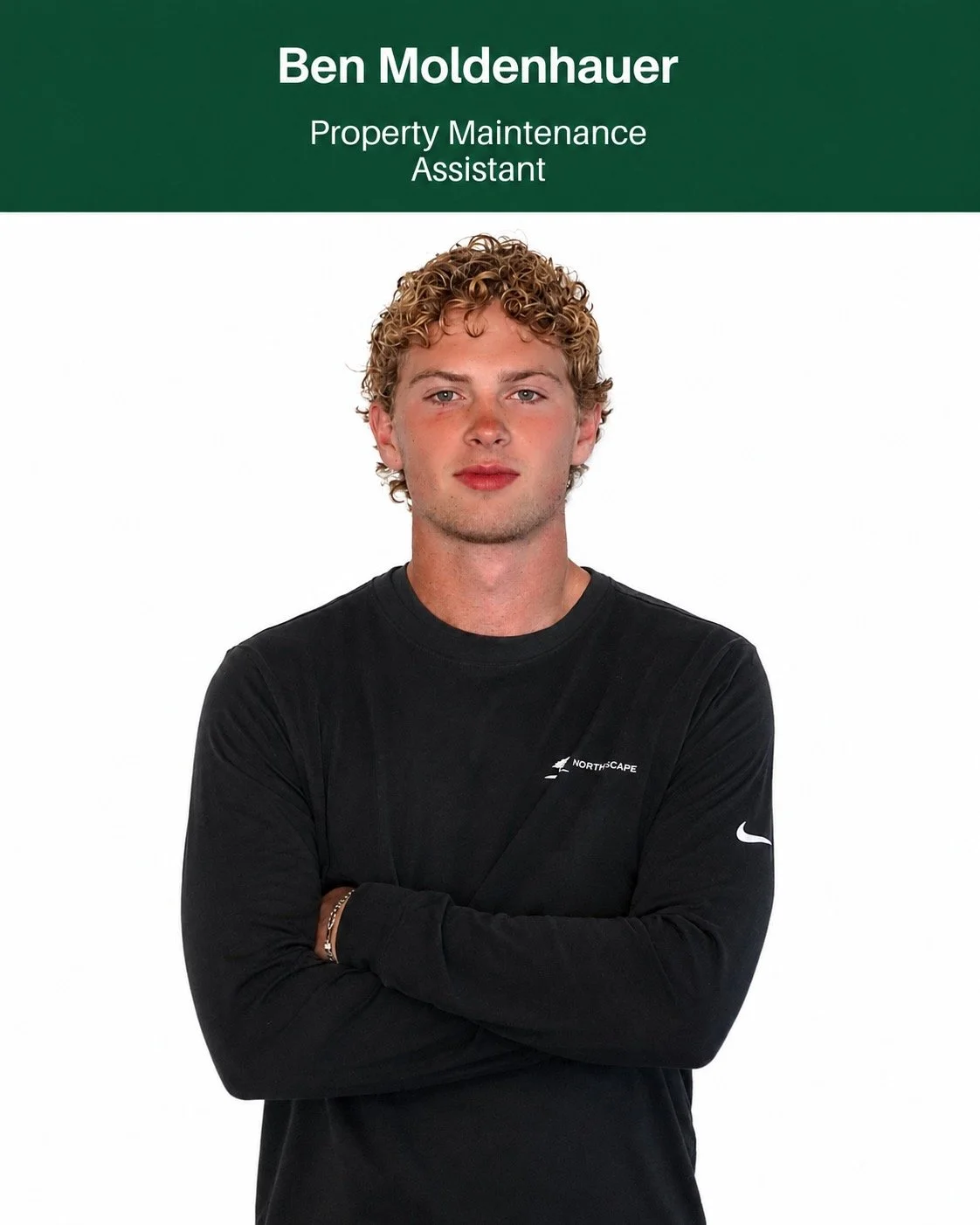 Business card for Ben Moldenhauer, Property Maintenance Assistant. Features a portrait of a young man with curly blonde hair, crossing his arms, wearing a black long-sleeve shirt, against a white background with a green header.