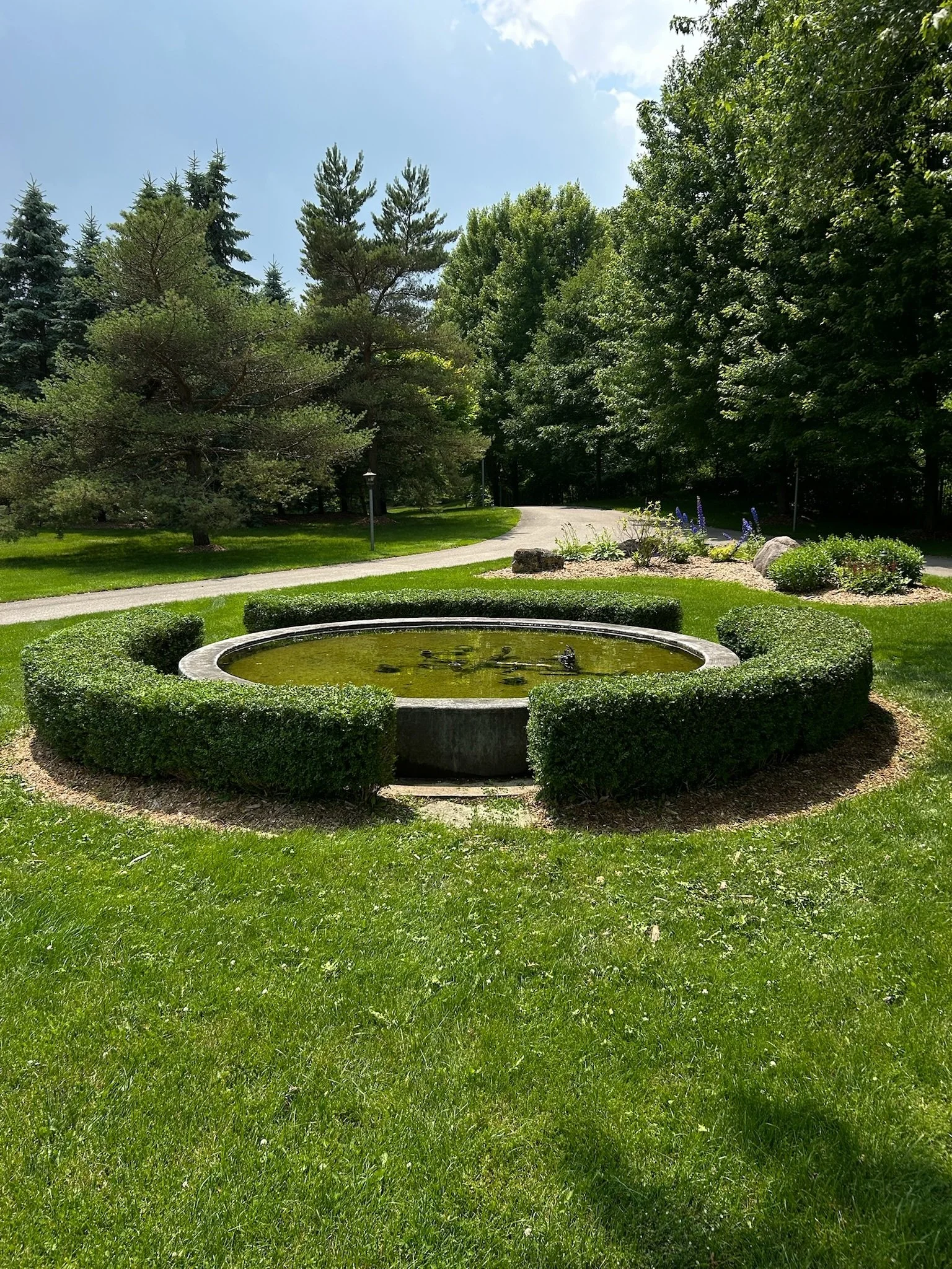 A circular stone fountain with water in the center, surrounded by well-manicured bushes in a lush green park with trees and a paved path.