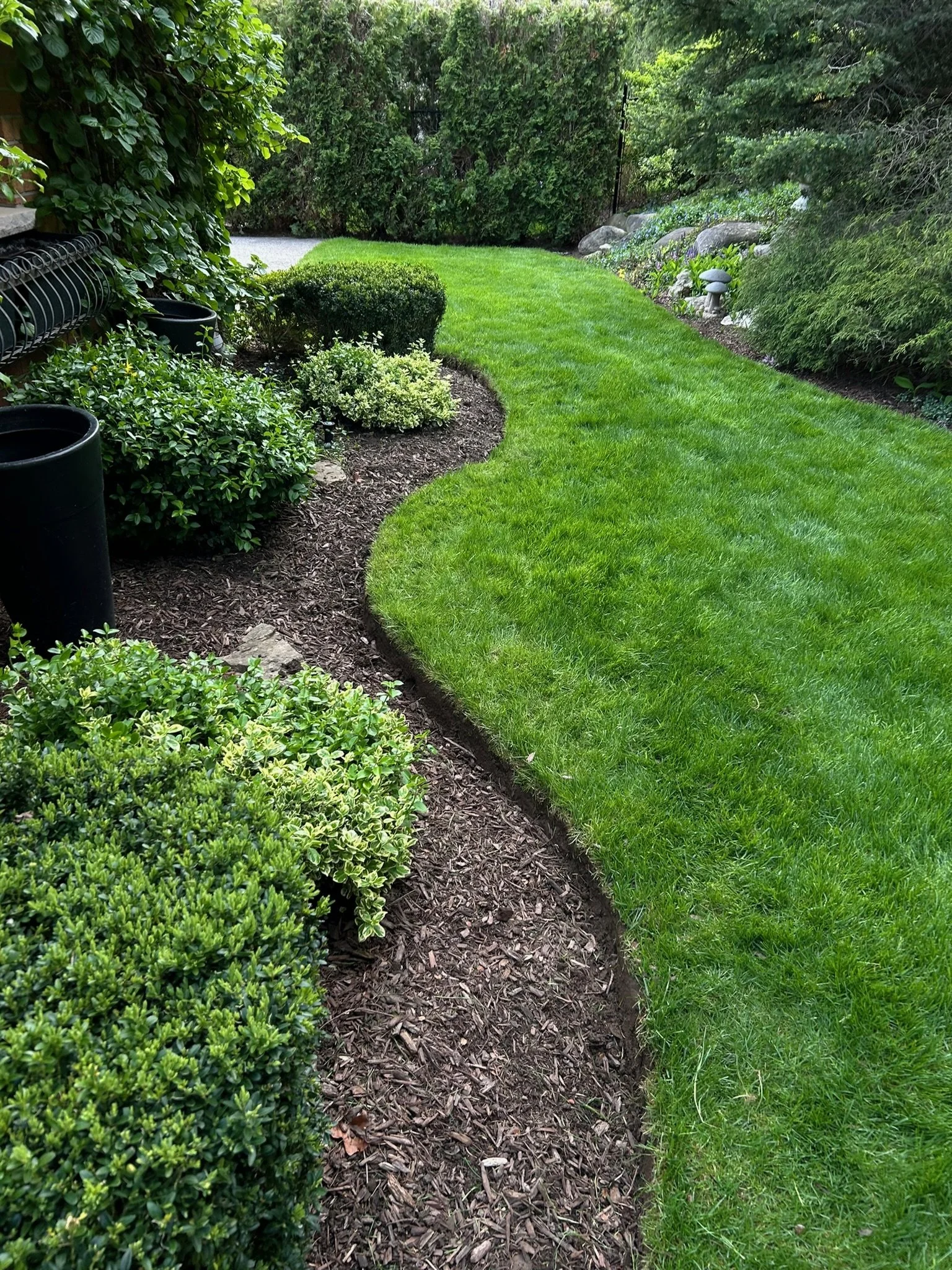 Lawn with well-maintained green grass, edged with a curved border of mulch, flowering bushes, and shrubs, with trees and rocks in the background.