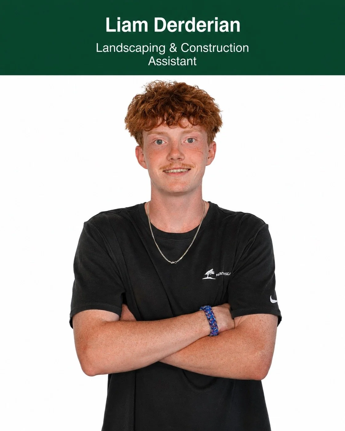 Business card featuring Liam Derderian's name and title as Landscaping & Construction Assistant, with a photo of Liam smiling with crossed arms, red hair, light skin, and casual black t-shirt.