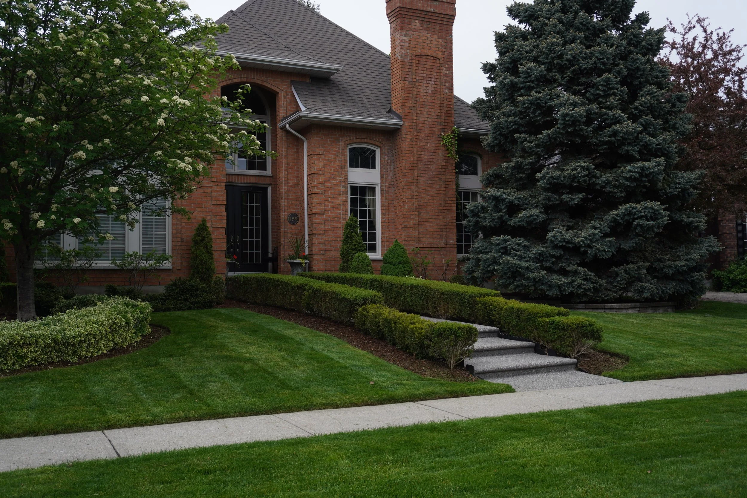 Front yard of a brick house with neatly trimmed lawn, a sidewalk, a concrete staircase, and lush green trees and bushes.