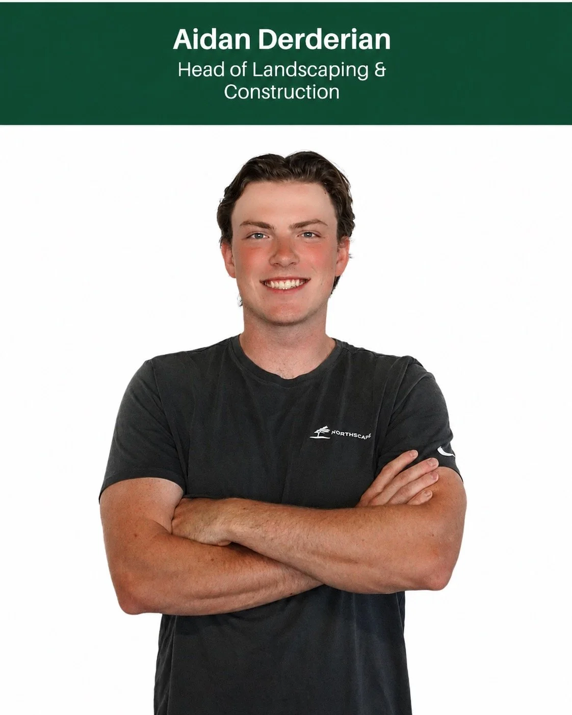 Portrait of a young man with dark hair, smiling, wearing a black T-shirt with a logo, crossing his arms, against a plain background, with a green banner above containing text.