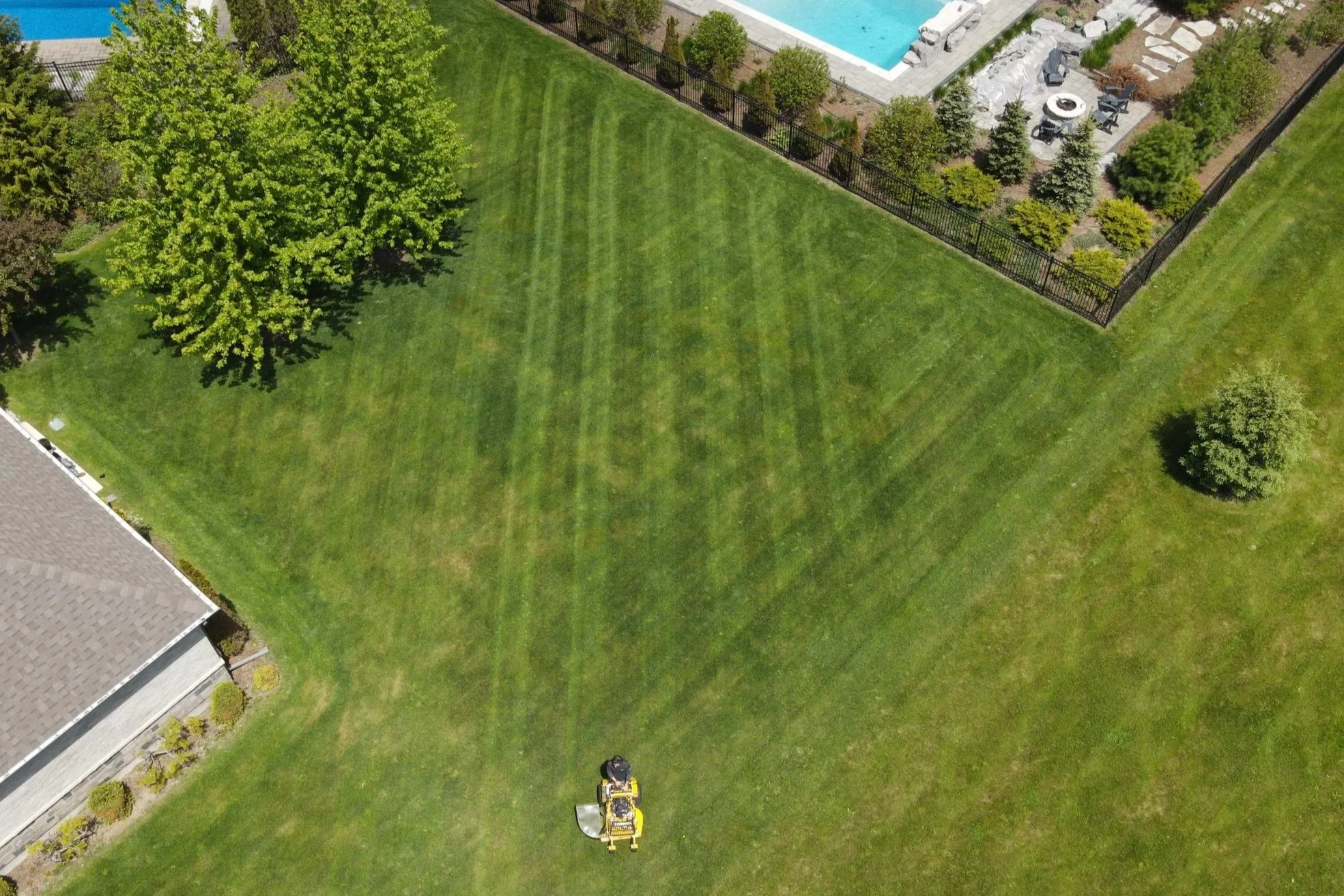 An aerial view of a backyard featuring a well-maintained grassy lawn, a large tree, a black metal fence, and a patio with outdoor furniture and a fire pit. A swimming pool is visible in the background.